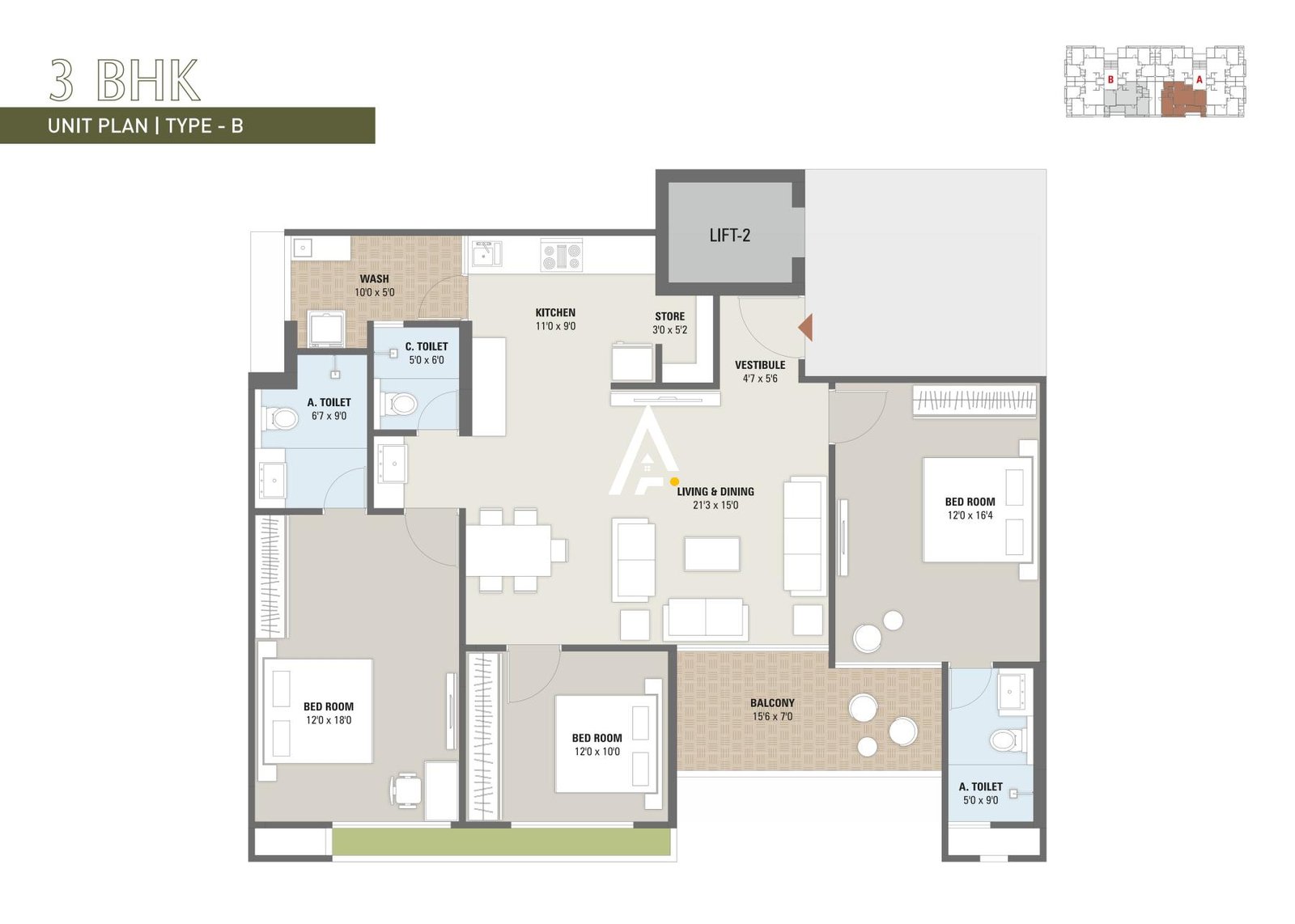 3_BHK_Unit_Plan_Keshvam_Clifton_Ahmedabad_Estate
