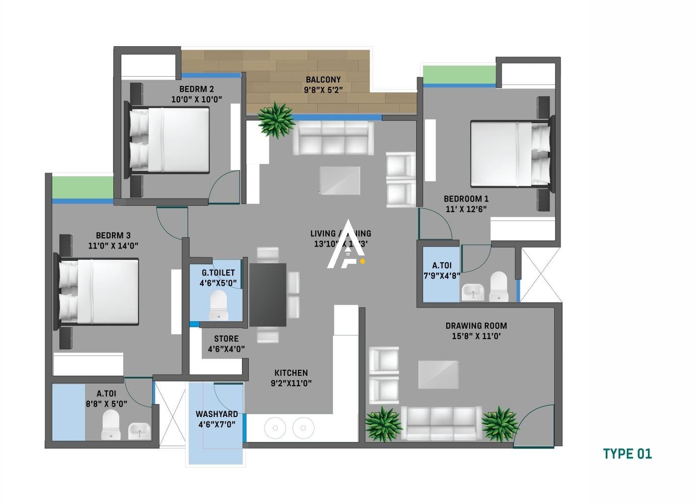 3_BHK_Unit_Plan_Terra_Sky_Ahmedabad_Estate